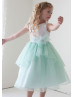A-line Boat Neck Organza Knee Length Tiered Flower Girl Dress With Decorated Flower Sash
